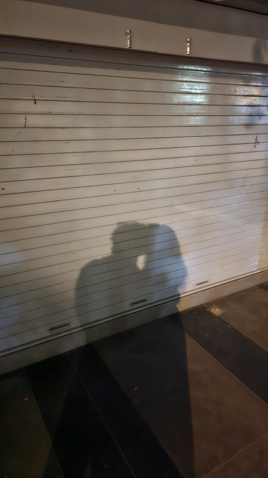 Two shadows together against a shutter